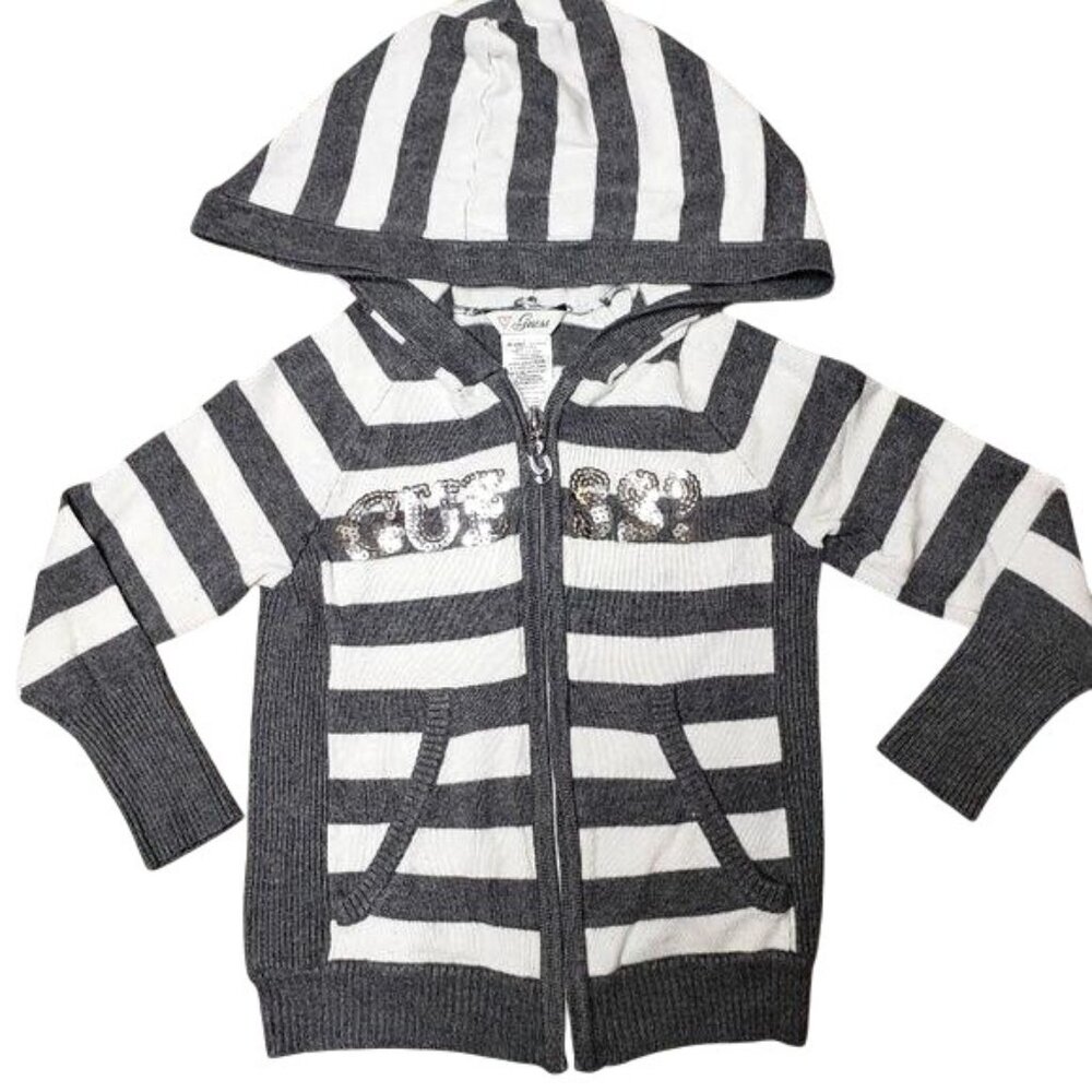 Guess Girls Striped Hoodie Jacket S Gray White With Sequin Logo y2k vintage vibe